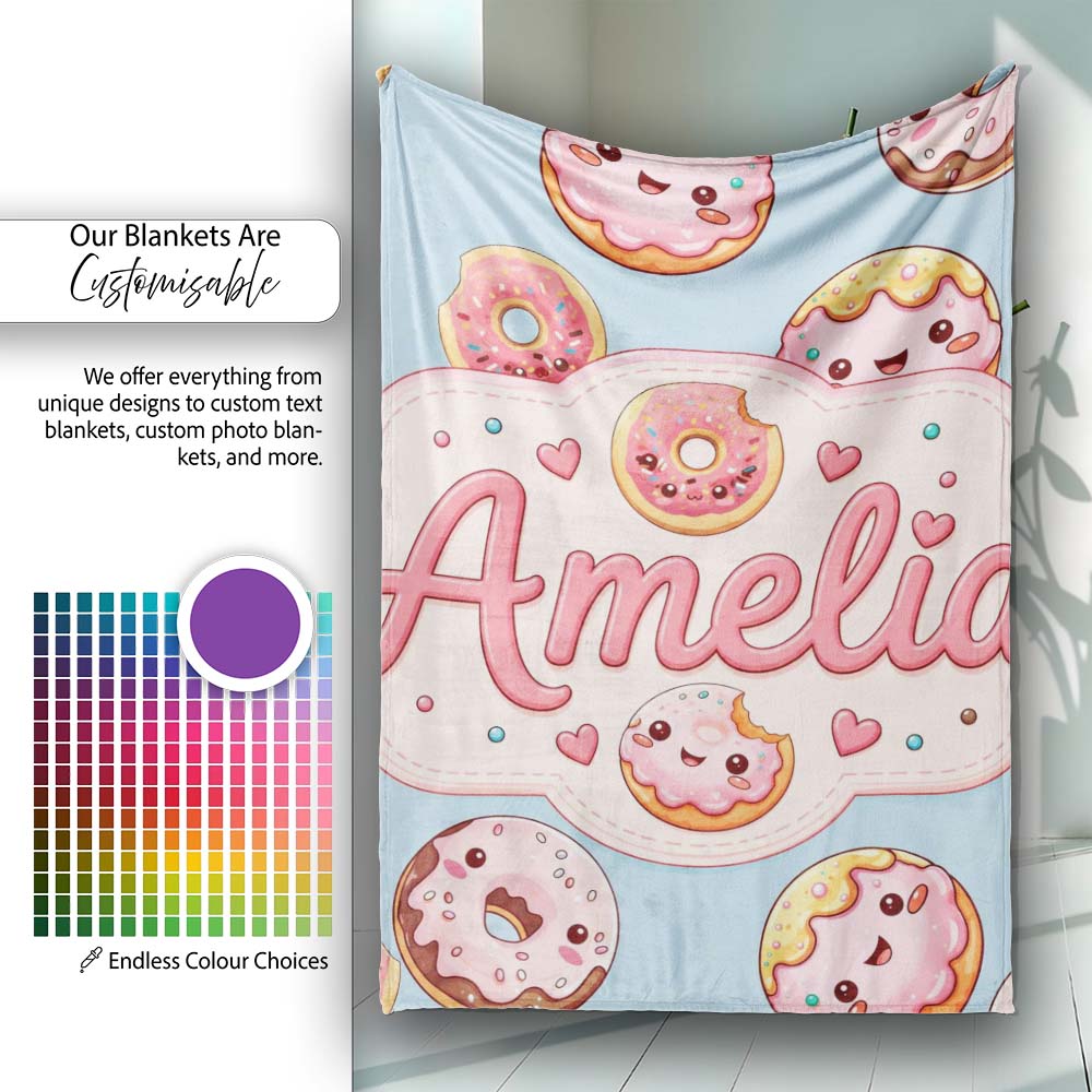 Cute Kawaii Donuts with Pink Icing Blue Background Seamless Pattern  Personalised Custom Name Super Soft Fleece Blanket Bed Sofa Throw
