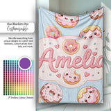 Cute Kawaii Donuts with Pink Icing Blue Background Seamless Pattern  Personalised Custom Name Super Soft Fleece Blanket Bed Sofa Throw