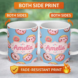 Personalized Custom Name Cute Kawaii Donuts with Pink Icing Sky Blue Background Seamless 11oz Ceramic Coffee Tea Mug White Large Handle