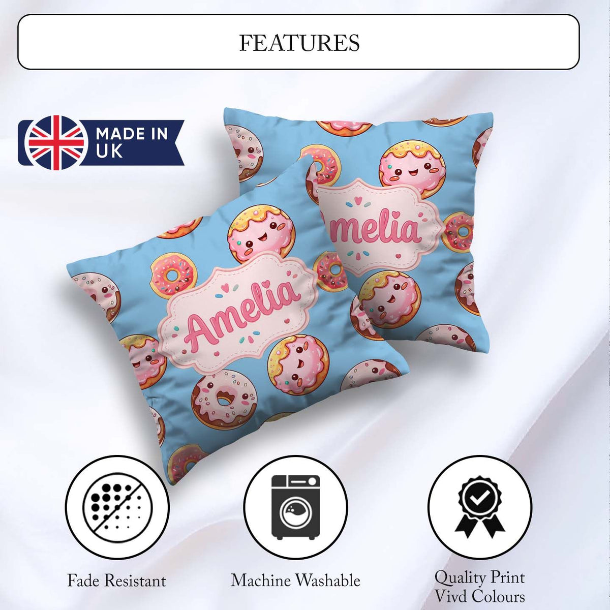 Custom Name Cute Kawaii Donuts with Pink Icing Sky Blue Seamless Square Filled Cushion Throw Pillow Sofa Bed Home Decor Zip Washable UK Made