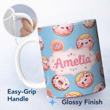Personalized Custom Name Cute Kawaii Donuts with Pink Icing Sky Blue Background Seamless 11oz Ceramic Coffee Tea Mug White Large Handle