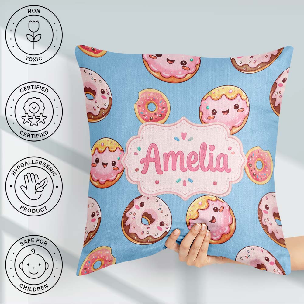 Custom Name Cute Kawaii Donuts with Pink Icing Sky Blue Seamless Square Filled Cushion Throw Pillow Sofa Bed Home Decor Zip Washable UK Made