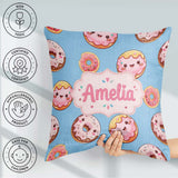 Custom Name Cute Kawaii Donuts with Pink Icing Sky Blue Seamless Square Filled Cushion Throw Pillow Sofa Bed Home Decor Zip Washable UK Made