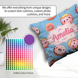 Custom Name Cute Kawaii Donuts with Pink Icing Sky Blue Seamless Square Filled Cushion Throw Pillow Sofa Bed Home Decor Zip Washable UK Made