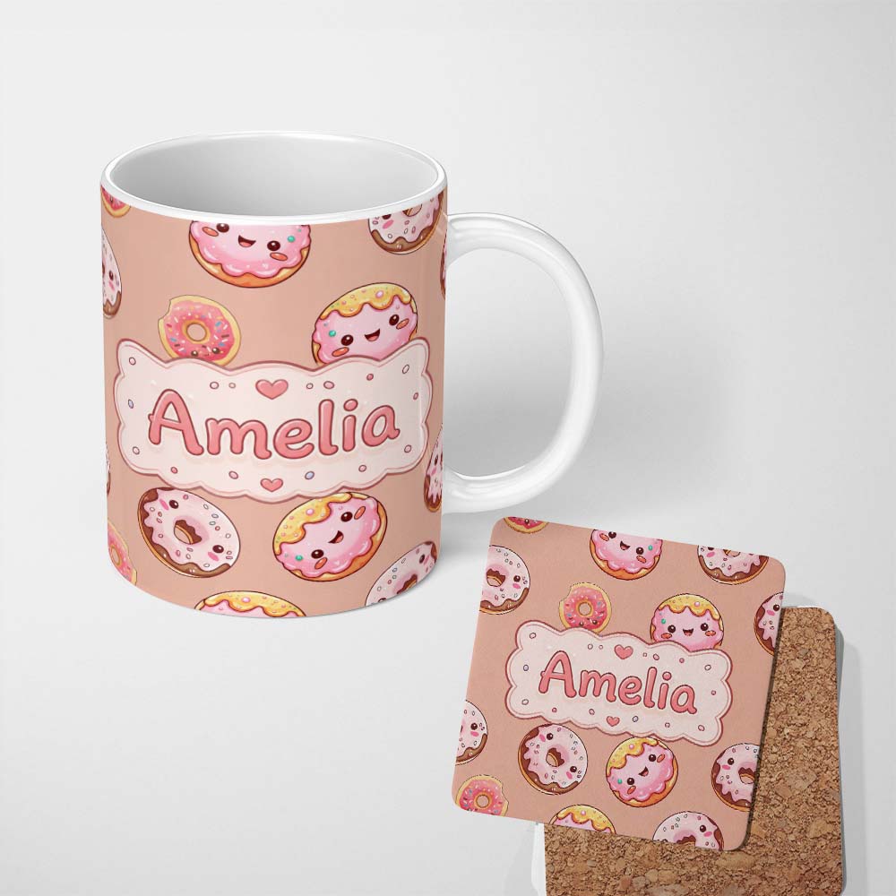 Personalized Custom Name Cute Kawaii Donuts with Pink Icing Peach Background Seamless 11oz Ceramic Coffee Tea Mug White Large Handle