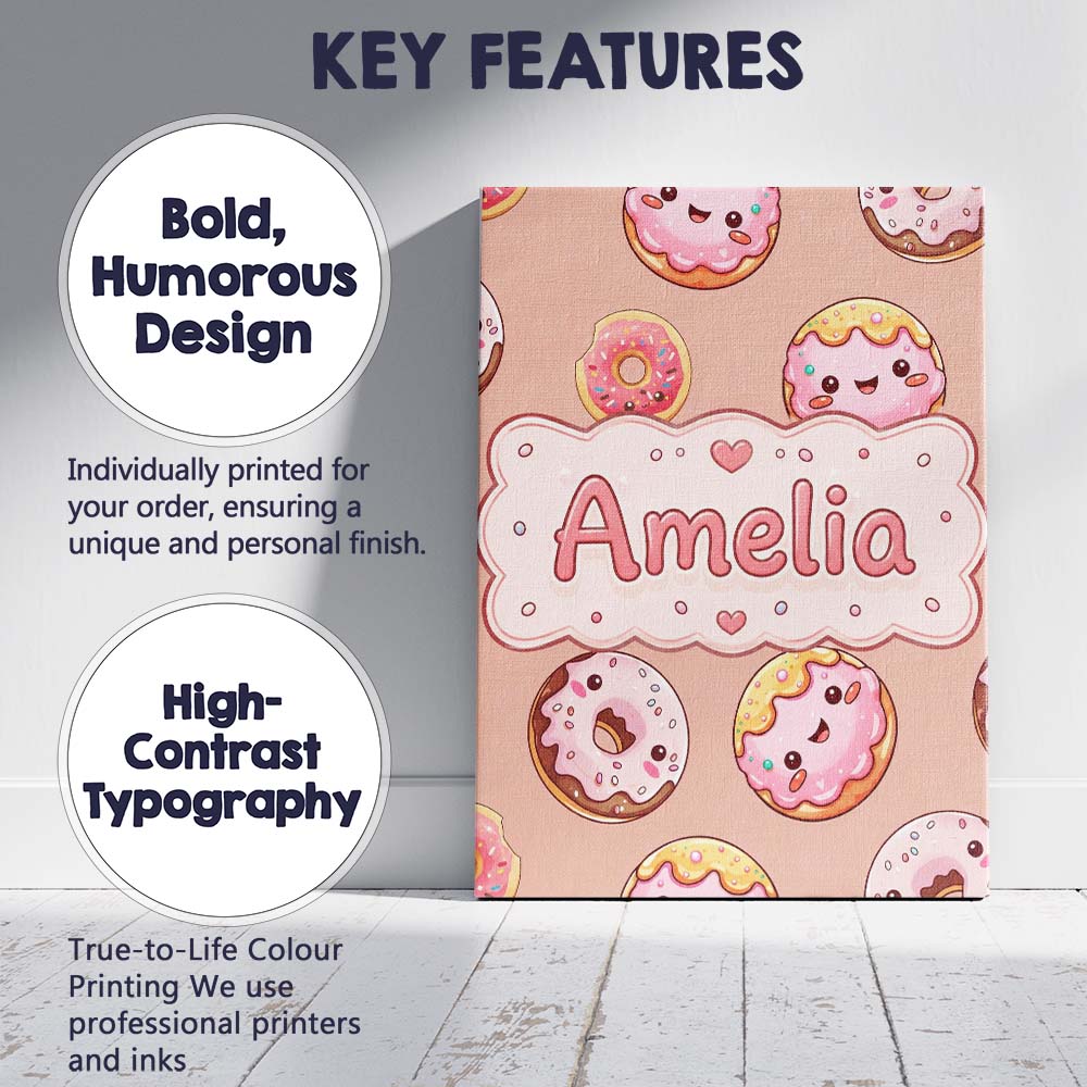 Personalised Name Cute Kawaii Donuts with Custom  Unique Gift Idea Elegant Feature Canvas Wall Art Print Decor Picture Ready to Hang