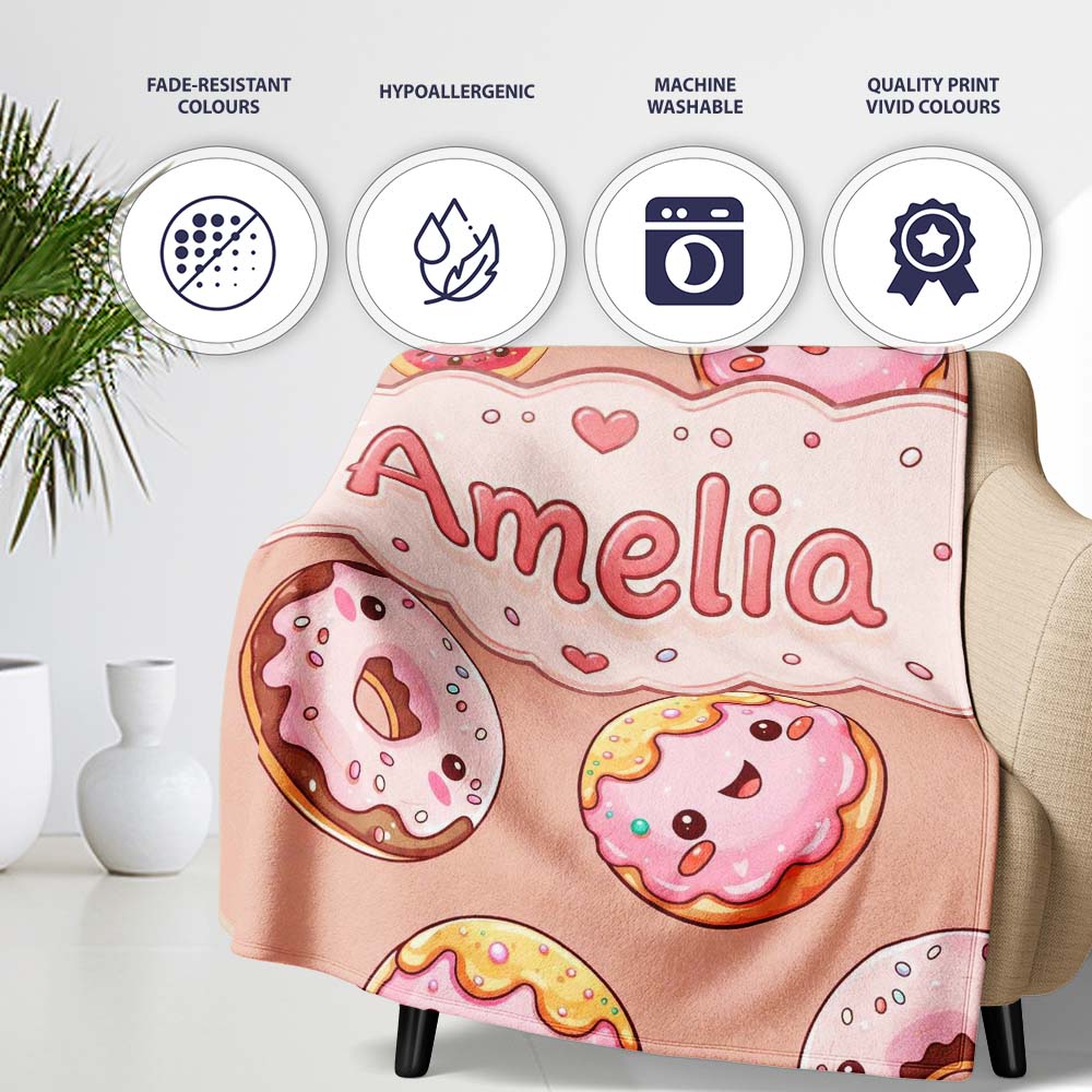 Cute Kawaii Donuts with Pink Icing Peach Background Seamless  Personalised Custom Name Super Soft Fleece Blanket Bed Sofa Throw