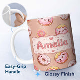 Personalized Custom Name Cute Kawaii Donuts with Pink Icing Peach Background Seamless 11oz Ceramic Coffee Tea Mug White Large Handle