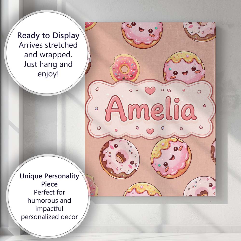 Personalised Name Cute Kawaii Donuts with Custom  Unique Gift Idea Elegant Feature Canvas Wall Art Print Decor Picture Ready to Hang