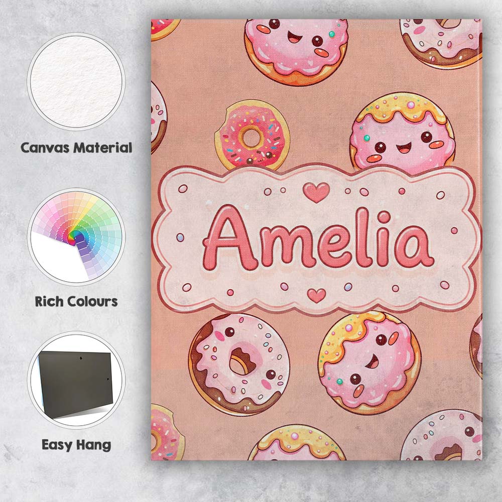 Personalised Name Cute Kawaii Donuts with Custom  Unique Gift Idea Elegant Feature Canvas Wall Art Print Decor Picture Ready to Hang