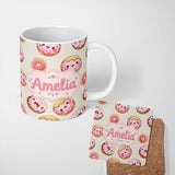 Personalized Custom Name Cute Kawaii Donuts with Pink Icing Cream Background Seamless 11oz Ceramic Coffee Tea Mug White Large Handle