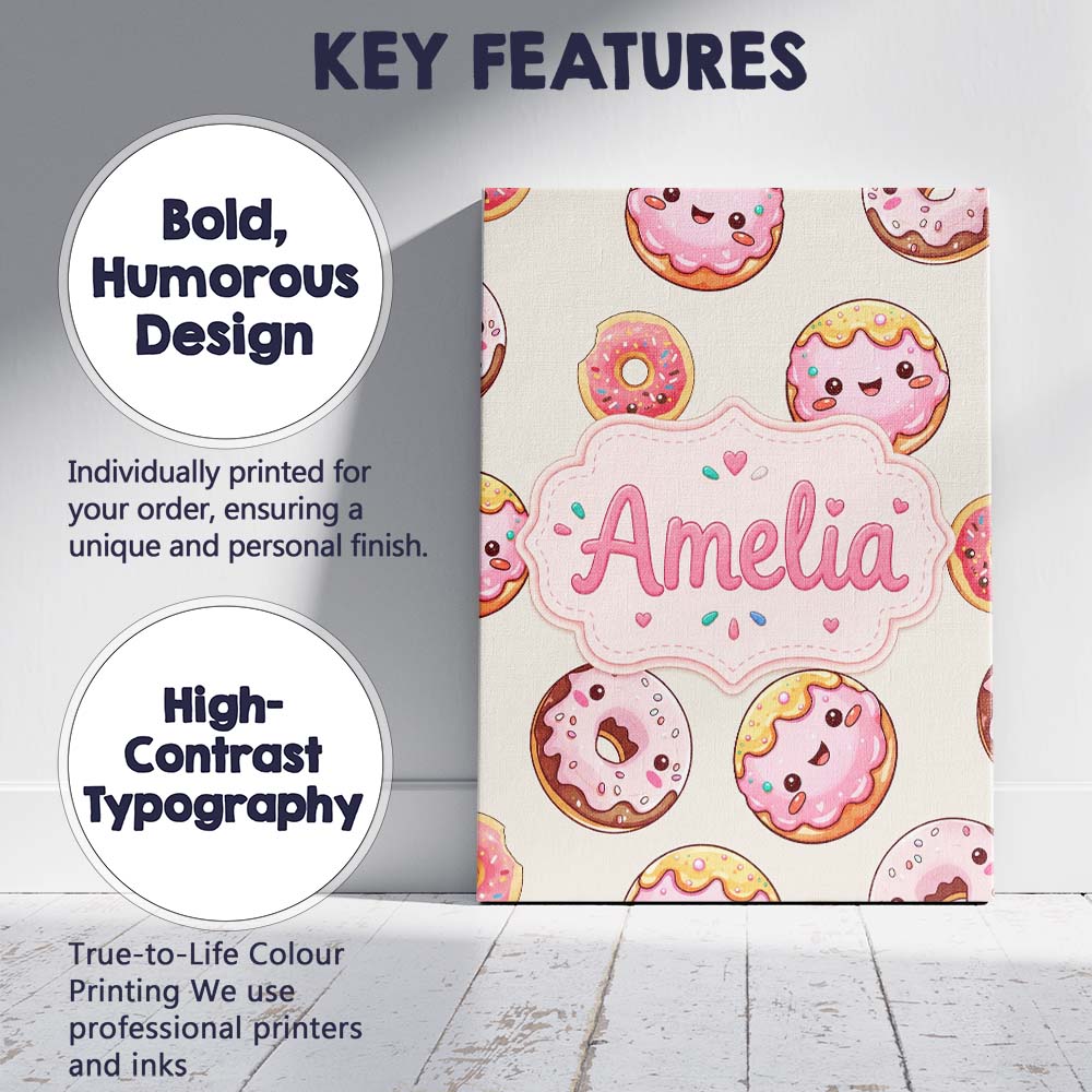 Personalised Name Cute Kawaii Donuts with Custom  Unique Gift Idea Elegant Feature Canvas Wall Art Print Decor Picture Ready to Hang