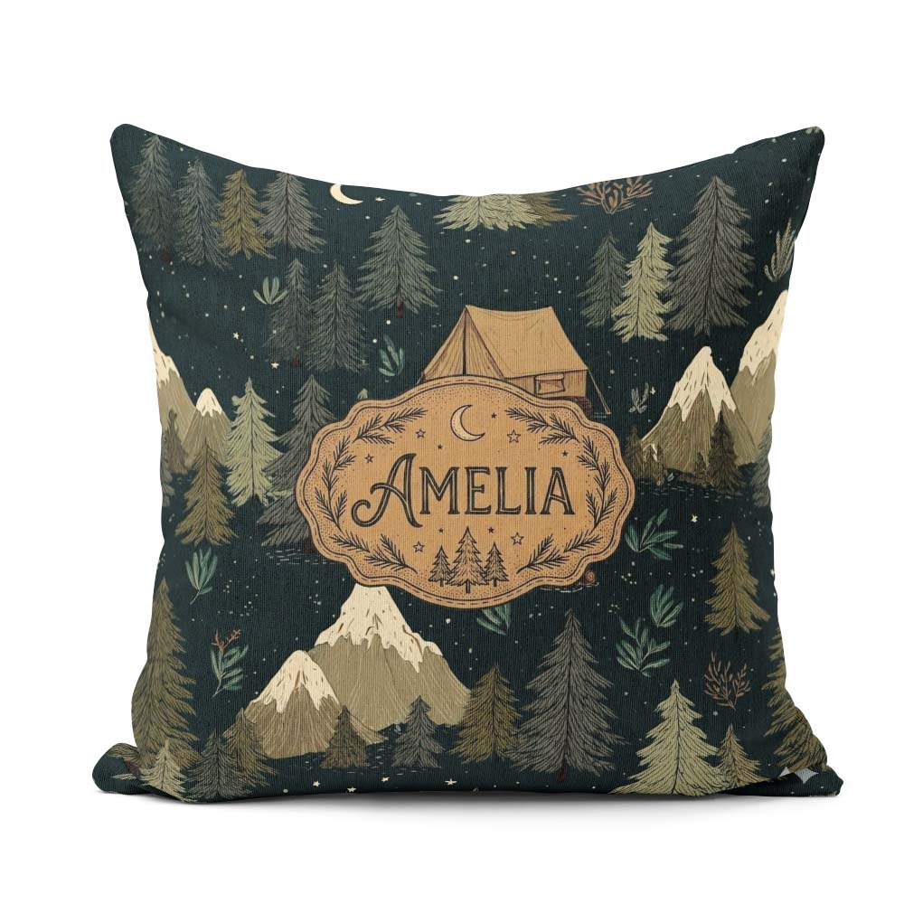 Custom Name Night Forest Camping Tent Scenic Seamless Pattern Square Filled Cushion Throw Pillow Sofa Bed Home Decor Zip Washable UK Made