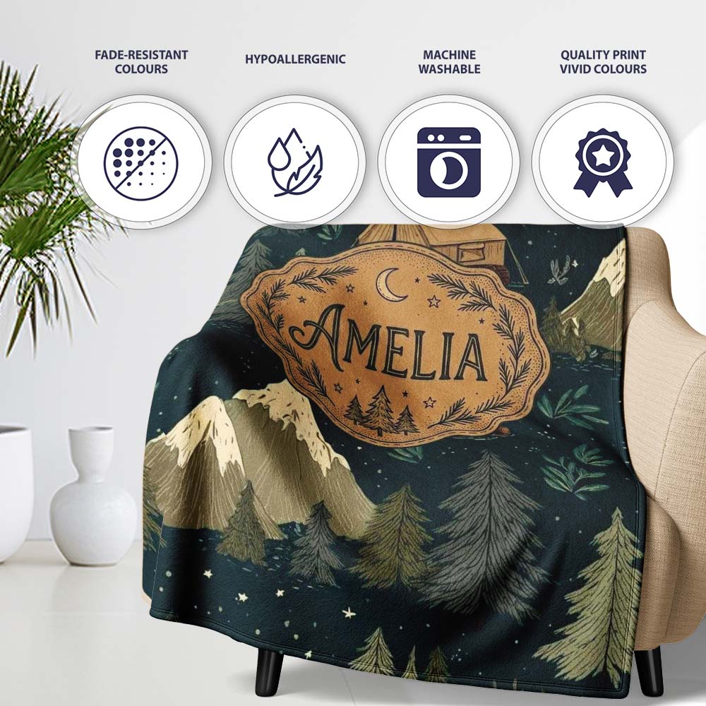Night Forest Camping Tent Scenic Seamless Pattern Cute Unique Gift  Personalised Custom Name Super Soft Fleece Blanket Bed Sofa Throw
