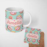 Personalized Custom Name Cute Kawaii Donuts with Pink Icing Mint Green Background Seamless 11oz Ceramic Coffee Tea Mug White Large Handle