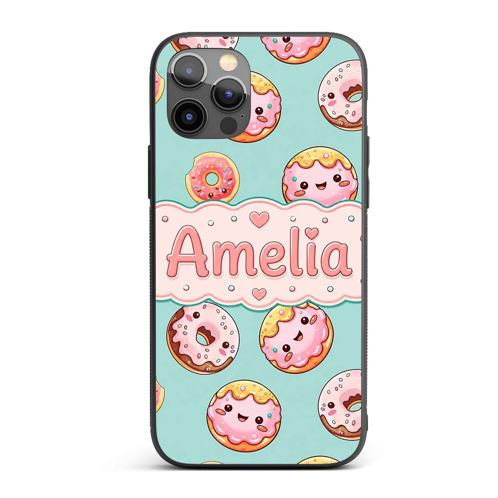 Cute Kawaii Donuts with Pink Icing Mint Green Custom Name Protective Phone Case Mobile Cover Durable Everyday Smartphone Shock Resistant