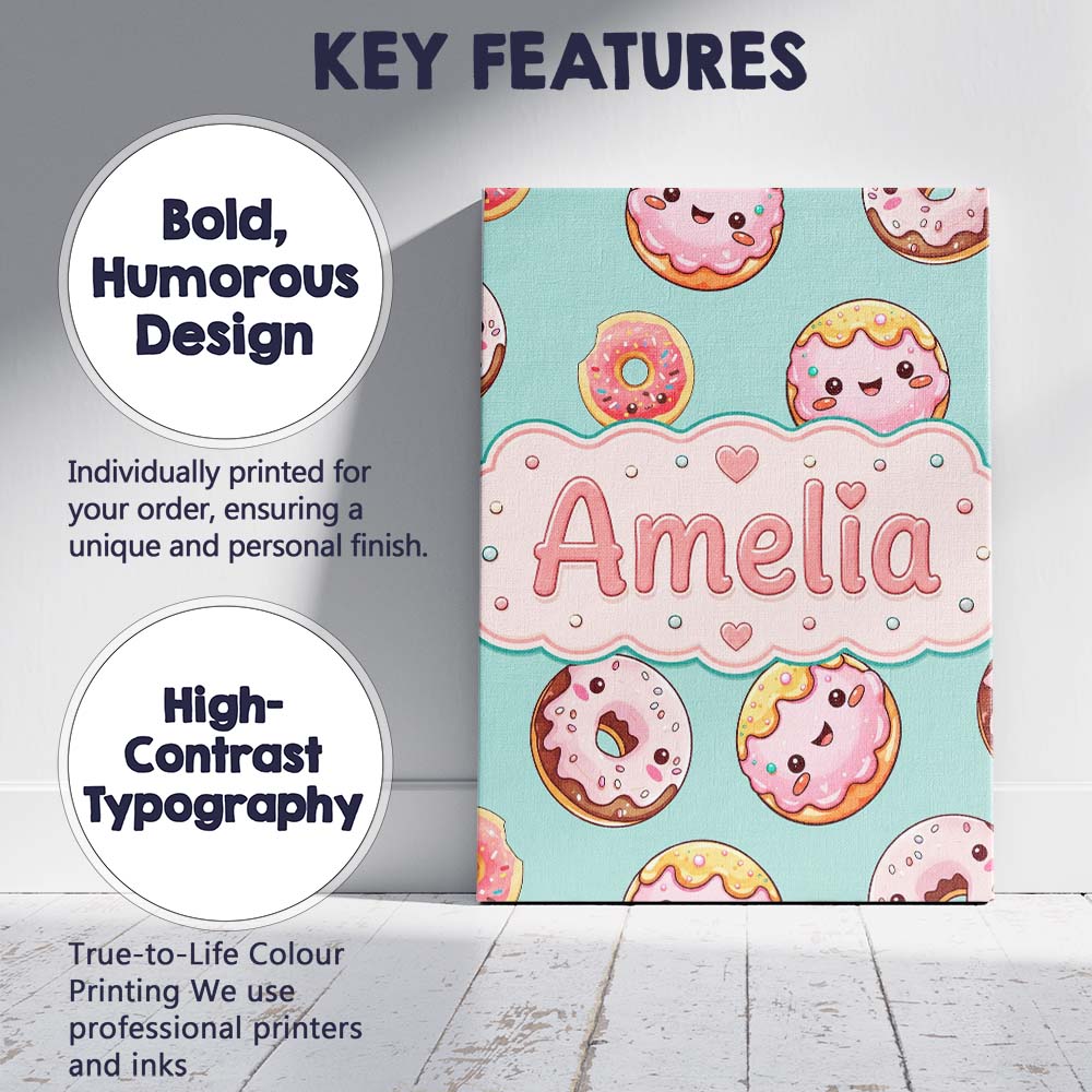 Personalised Name Cute Kawaii Donuts with Custom  Unique Gift Idea Elegant Feature Canvas Wall Art Print Decor Picture Ready to Hang