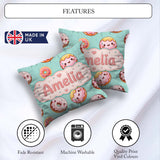 Custom Name Kawaii Donuts with Pink Icing Mint Green Background Square Filled Cushion Throw Pillow Sofa Bed Home Decor Zip Washable UK Made
