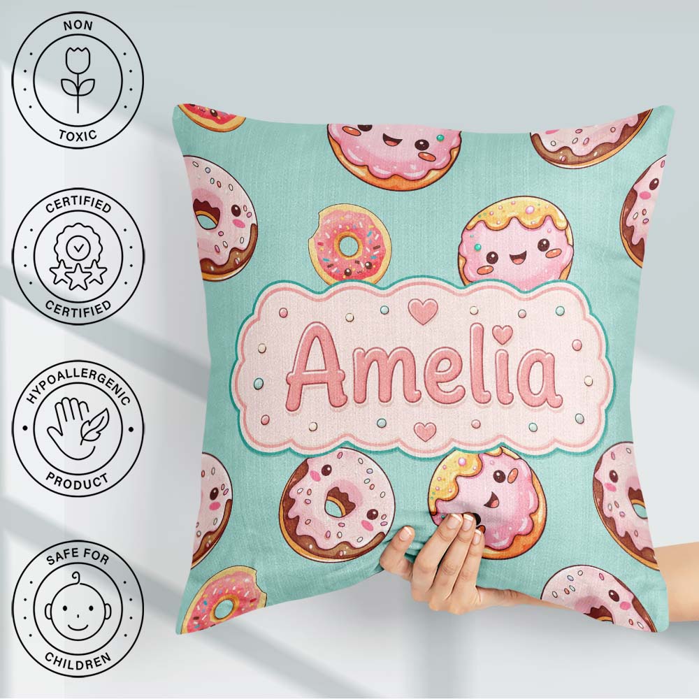 Custom Name Kawaii Donuts with Pink Icing Mint Green Background Square Filled Cushion Throw Pillow Sofa Bed Home Decor Zip Washable UK Made
