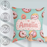 Custom Name Kawaii Donuts with Pink Icing Mint Green Background Square Filled Cushion Throw Pillow Sofa Bed Home Decor Zip Washable UK Made