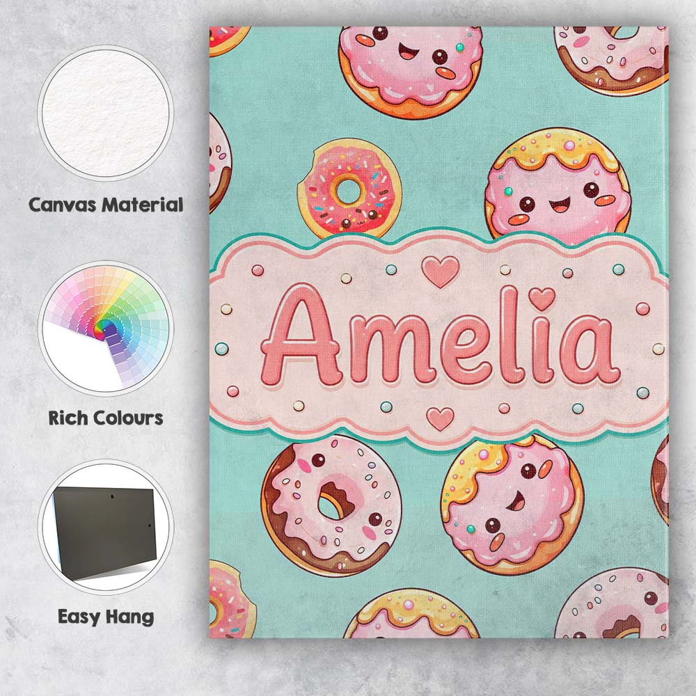 Personalised Name Cute Kawaii Donuts with Custom  Unique Gift Idea Elegant Feature Canvas Wall Art Print Decor Picture Ready to Hang