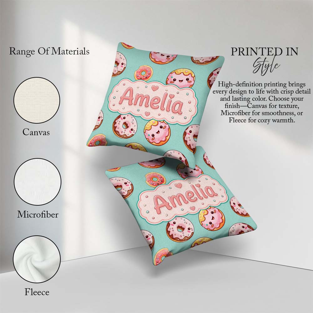 Custom Name Kawaii Donuts with Pink Icing Mint Green Background Square Filled Cushion Throw Pillow Sofa Bed Home Decor Zip Washable UK Made