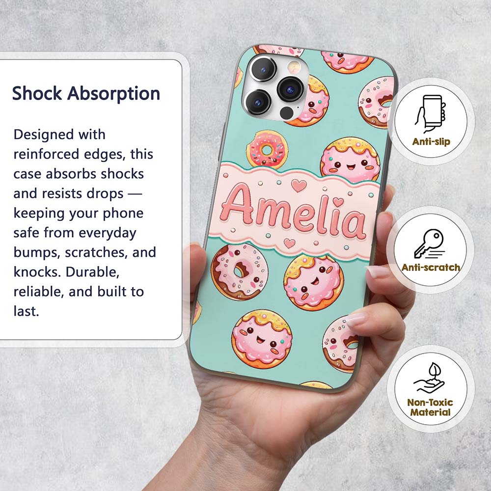 Cute Kawaii Donuts with Pink Icing Mint Green Custom Name Protective Phone Case Mobile Cover Durable Everyday Smartphone Shock Resistant