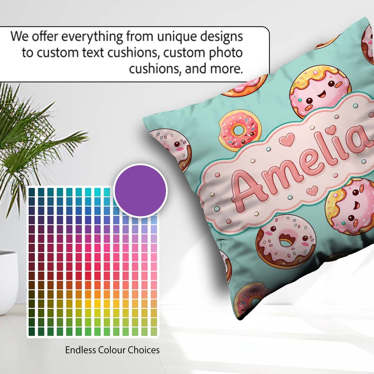 Custom Name Kawaii Donuts with Pink Icing Mint Green Background Square Filled Cushion Throw Pillow Sofa Bed Home Decor Zip Washable UK Made