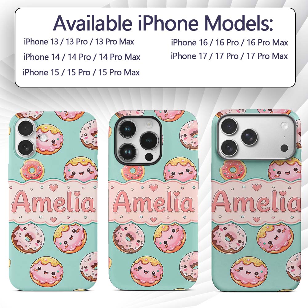 Cute Kawaii Donuts with Pink Icing Mint Green Custom Name Protective Phone Case Mobile Cover Durable Everyday Smartphone Shock Resistant
