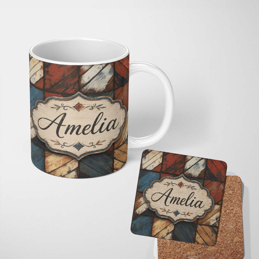 Personalized Custom Name Rustic Multicolor Wood Tile Geometric Patchwork Seamless Pattern 11oz Ceramic Coffee Tea Mug White Large Handle