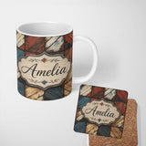 Personalized Custom Name Rustic Multicolor Wood Tile Geometric Patchwork Seamless Pattern 11oz Ceramic Coffee Tea Mug White Large Handle
