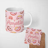 Personalized Custom Name Cute Kawaii Donuts with Pink Icing Soft Background Seamless Pattern 11oz Ceramic Coffee Tea Mug White Large Handle