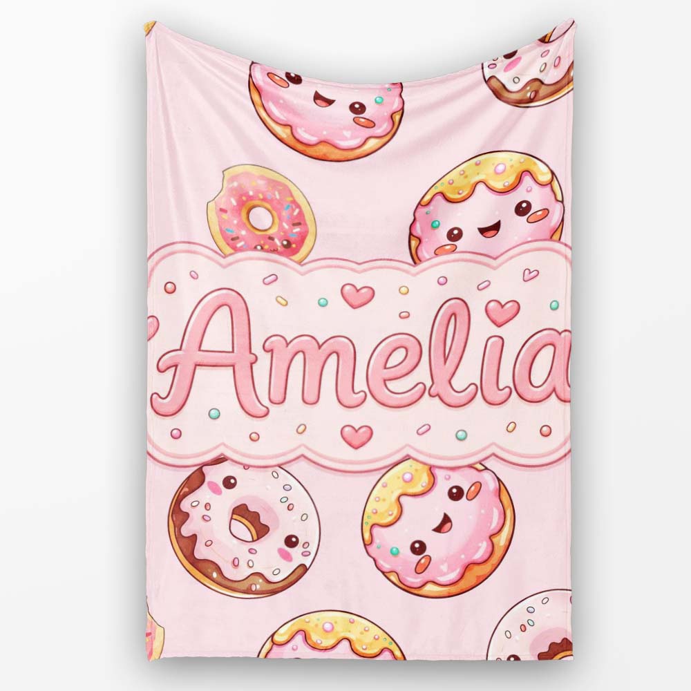 Cute Kawaii Donuts with Pink Icing Soft Background Seamless Pattern  Personalised Custom Name Super Soft Fleece Blanket Bed Sofa Throw