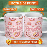 Personalized Custom Name Cute Kawaii Donuts with Pink Icing Soft Background Seamless Pattern 11oz Ceramic Coffee Tea Mug White Large Handle