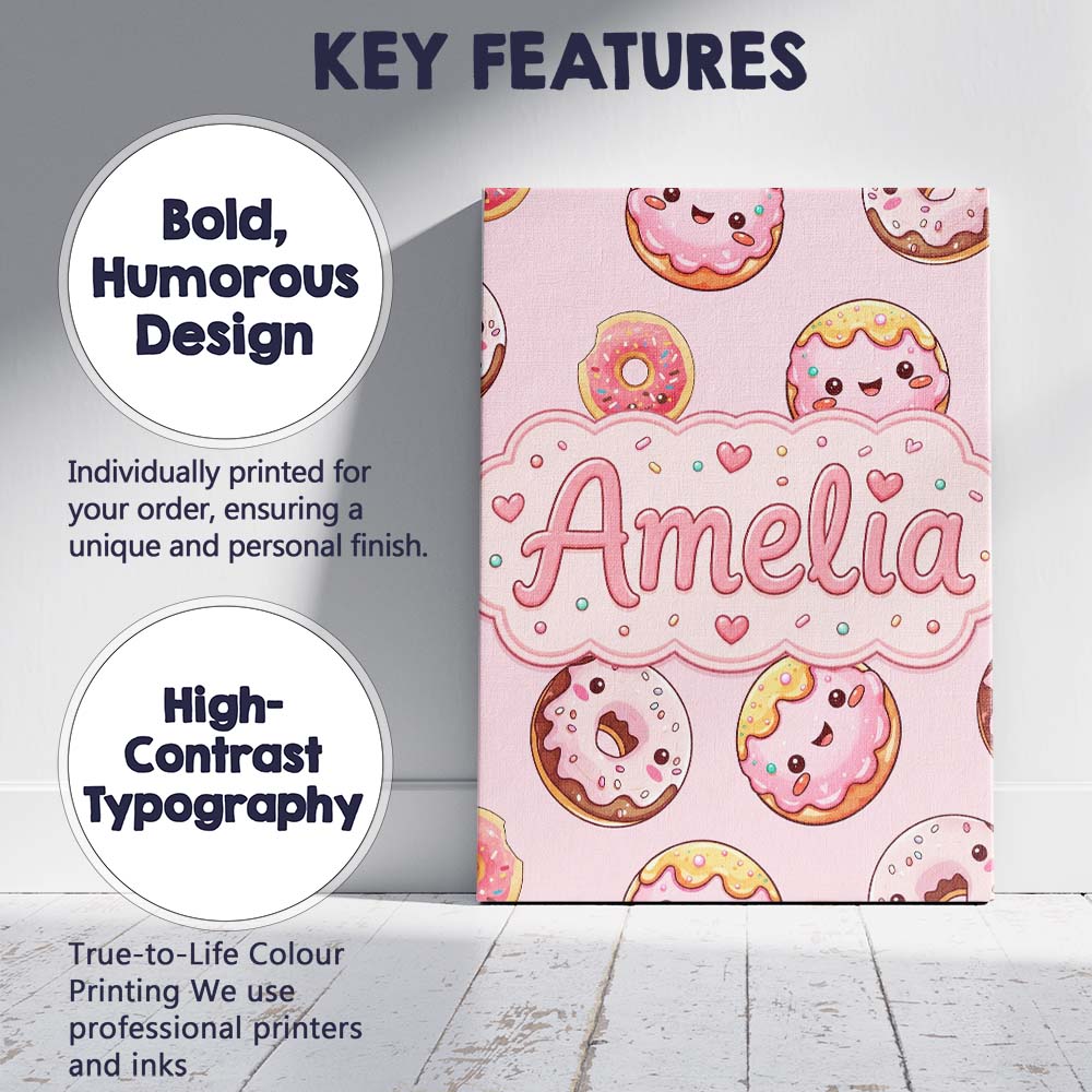 Personalised Name Cute Kawaii Donuts with Custom  Unique Gift Idea Elegant Feature Canvas Wall Art Print Decor Picture Ready to Hang