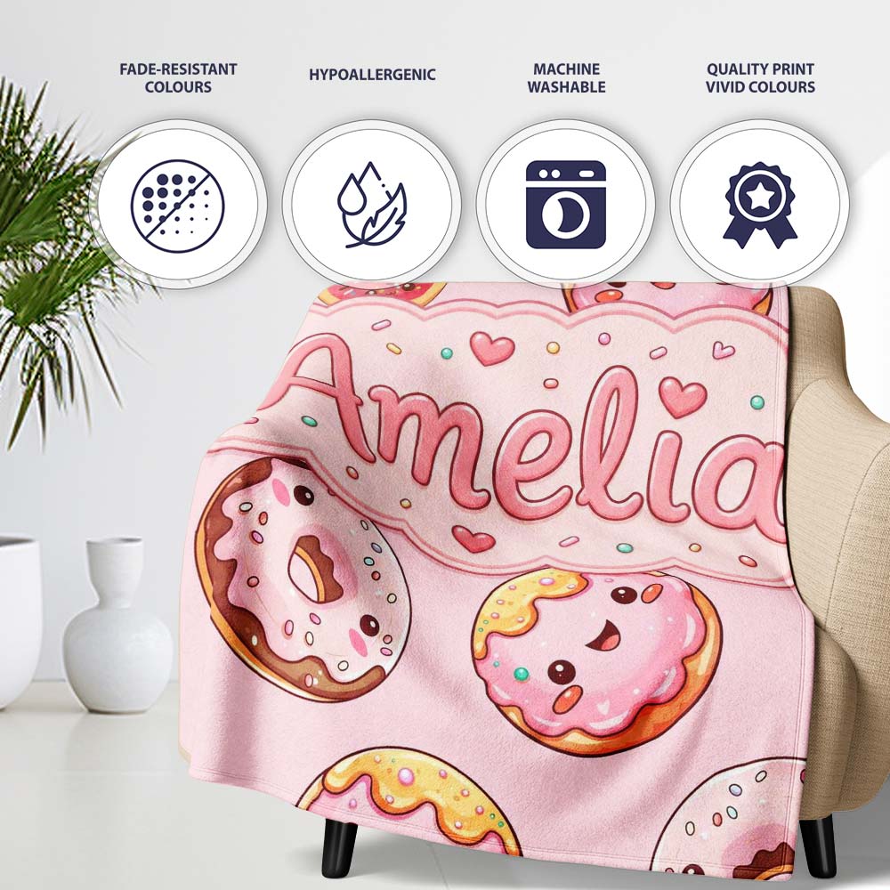 Cute Kawaii Donuts with Pink Icing Soft Background Seamless Pattern  Personalised Custom Name Super Soft Fleece Blanket Bed Sofa Throw