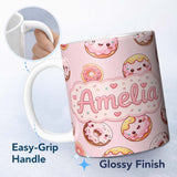Personalized Custom Name Cute Kawaii Donuts with Pink Icing Soft Background Seamless Pattern 11oz Ceramic Coffee Tea Mug White Large Handle