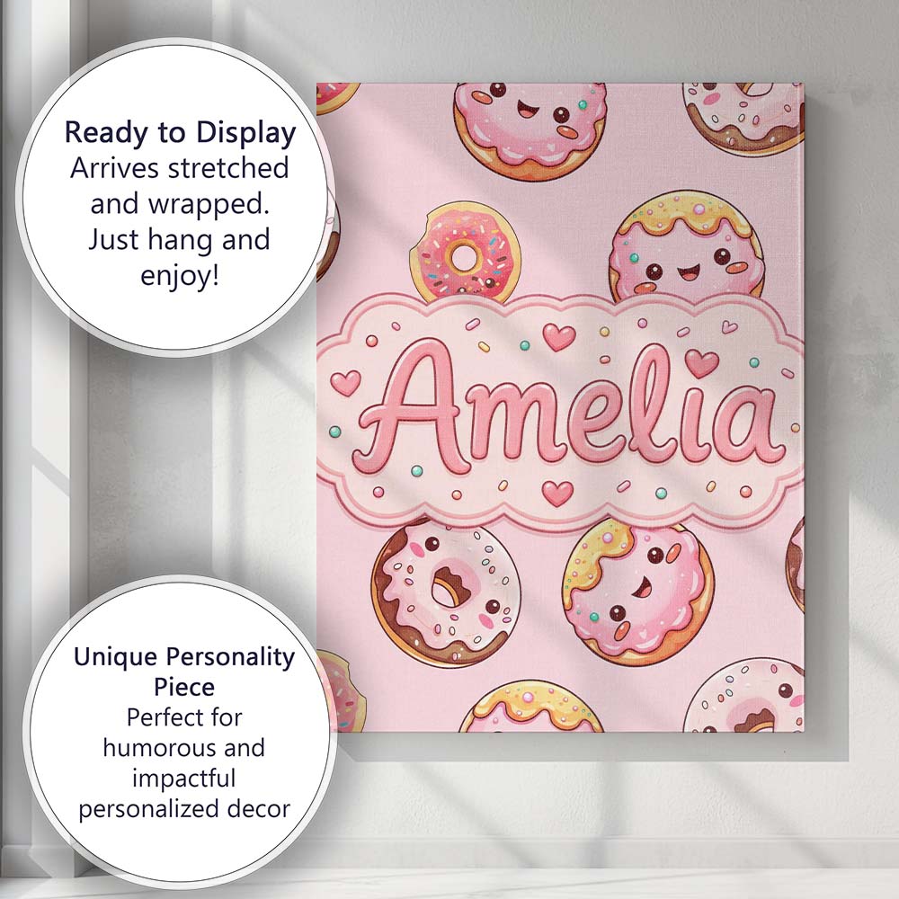 Personalised Name Cute Kawaii Donuts with Custom  Unique Gift Idea Elegant Feature Canvas Wall Art Print Decor Picture Ready to Hang