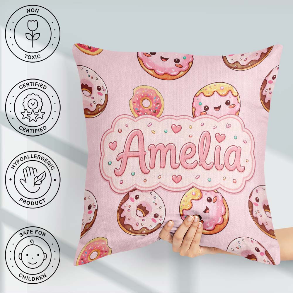 Custom Name Kawaii Donuts with Pink Icing Soft Seamless Pattern Square Filled Cushion Throw Pillow Sofa Bed Home Decor Zip Washable UK Made