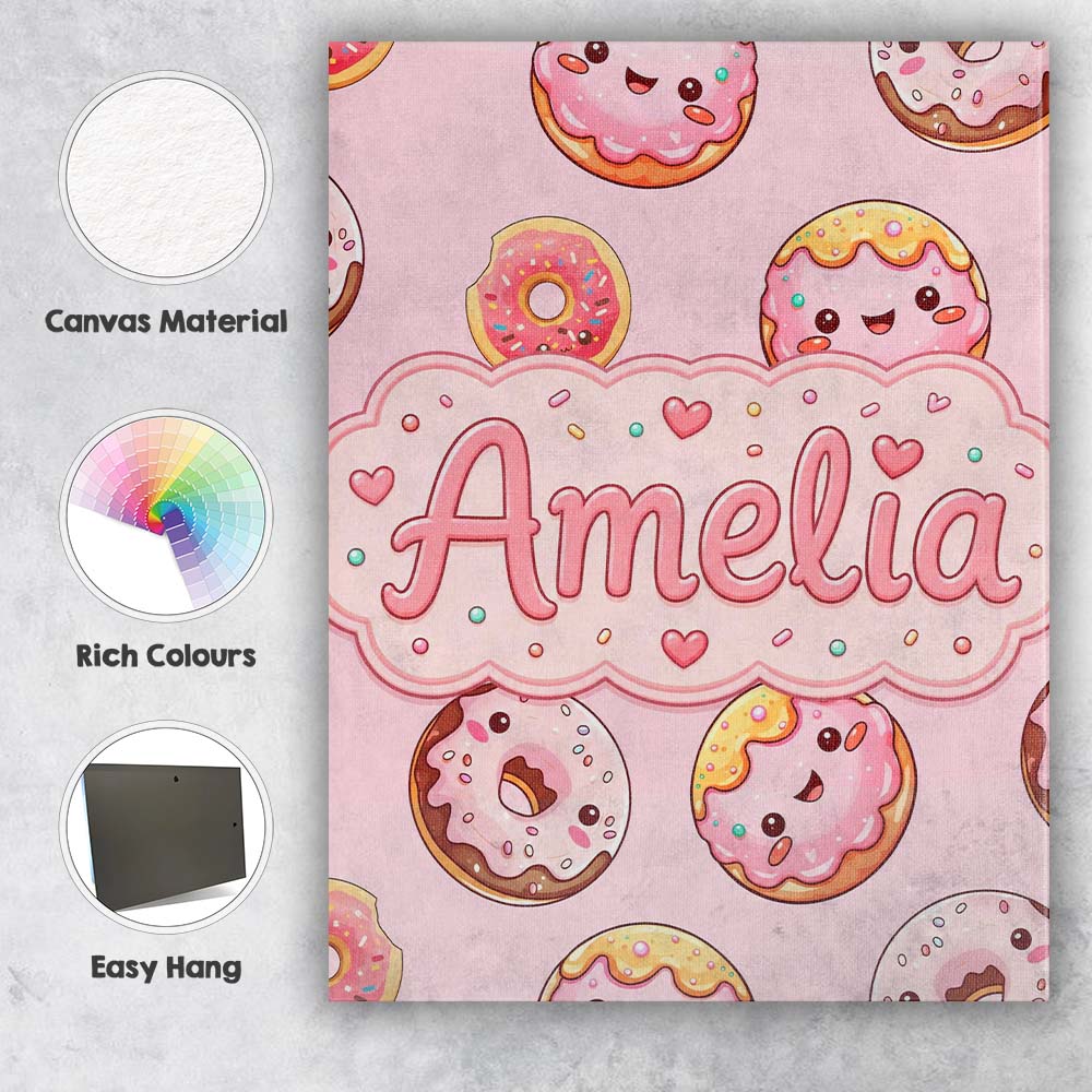 Personalised Name Cute Kawaii Donuts with Custom  Unique Gift Idea Elegant Feature Canvas Wall Art Print Decor Picture Ready to Hang