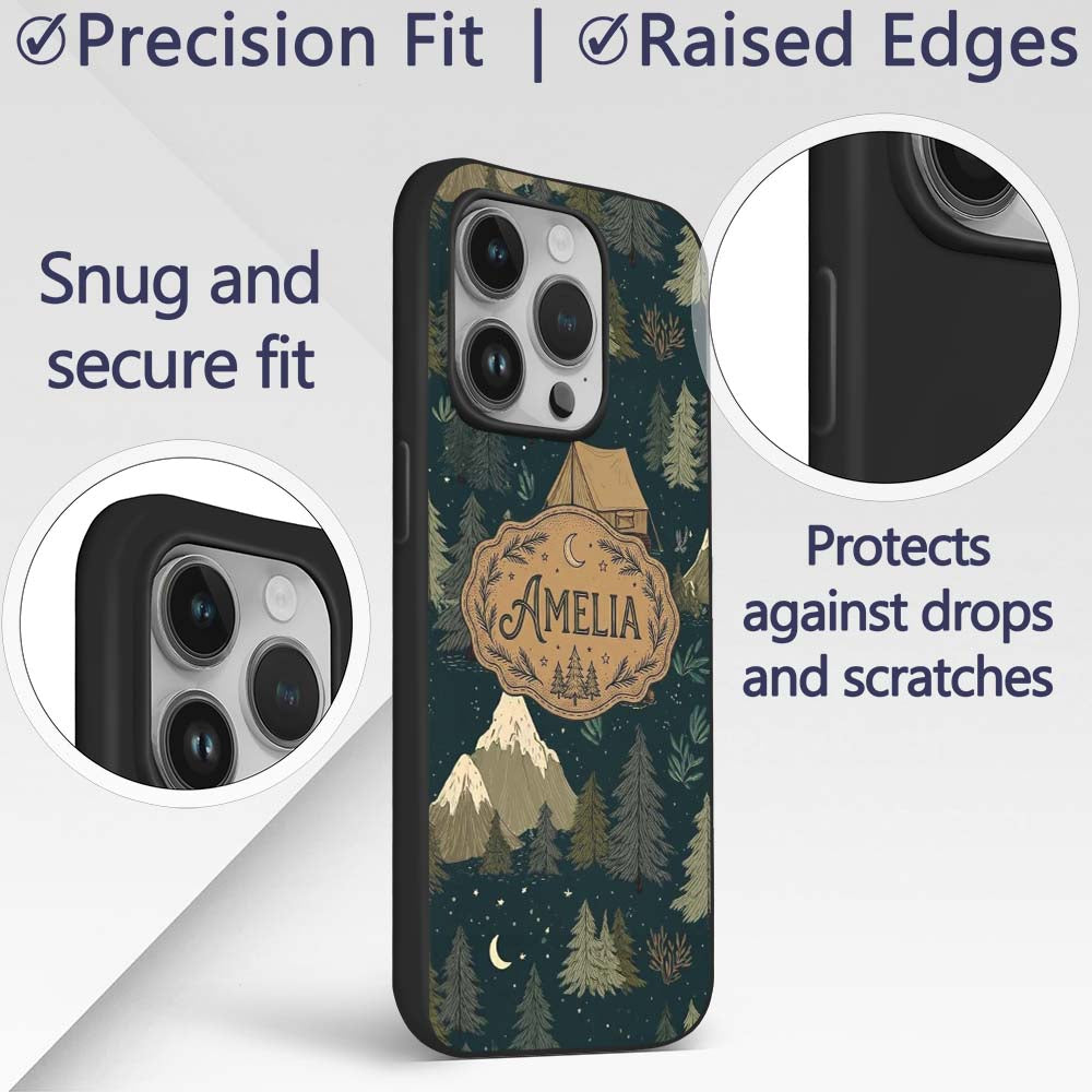 Night Forest Camping Tent Scenic Seamless Pattern Custom Name Protective Phone Case Mobile Cover Durable Everyday Smartphone Shock Resistant