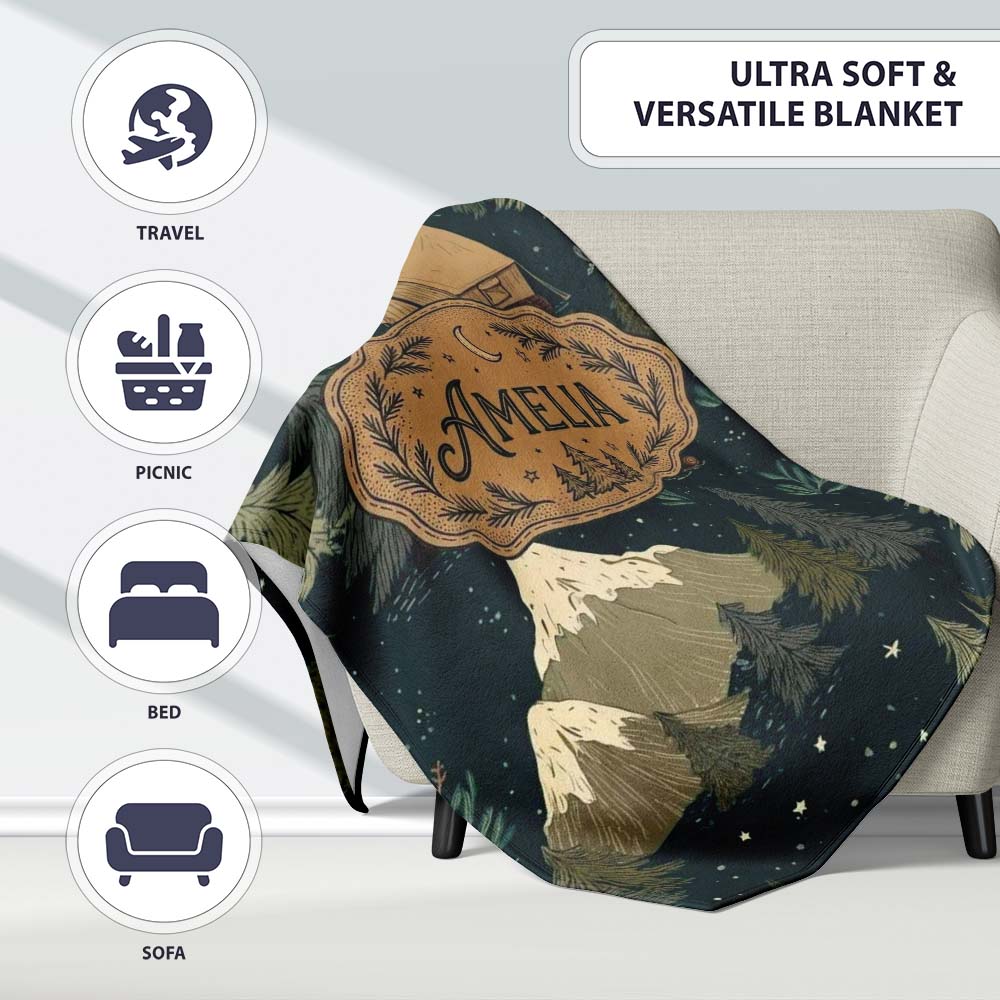 Night Forest Camping Tent Scenic Seamless Pattern Cute Unique Gift  Personalised Custom Name Super Soft Fleece Blanket Bed Sofa Throw