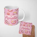 Personalized Custom Name Cute Kawaii Donuts with Pink Icing Background Seamless Pattern 11oz Ceramic Coffee Tea Mug White Large Handle