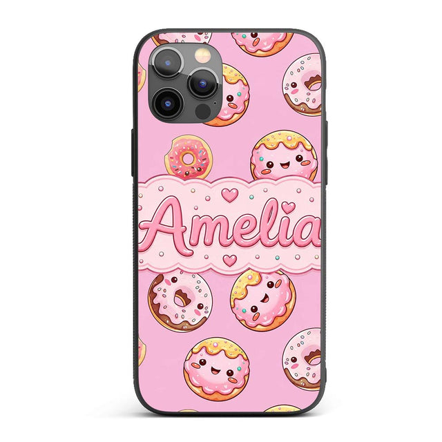 Cute Kawaii Donuts with Pink Icing Background Custom Name Protective Phone Case Mobile Cover Durable Everyday Smartphone Shock Resistant