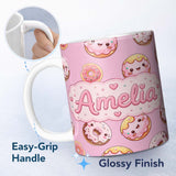 Personalized Custom Name Cute Kawaii Donuts with Pink Icing Background Seamless Pattern 11oz Ceramic Coffee Tea Mug White Large Handle