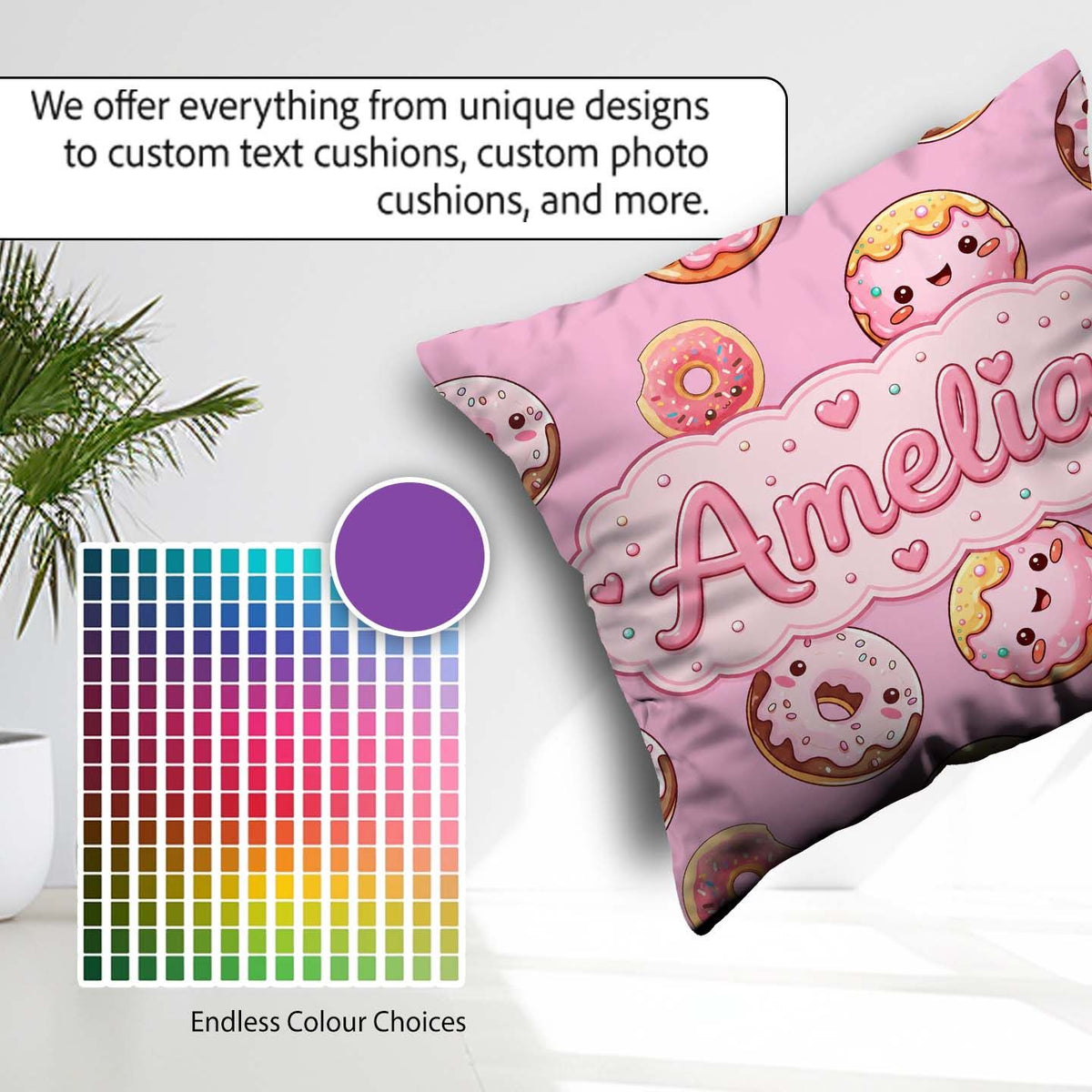 Custom Name Cute Kawaii Donuts with Pink Icing Seamless Pattern Square Filled Cushion Throw Pillow Sofa Bed Home Decor Zip Washable UK Made
