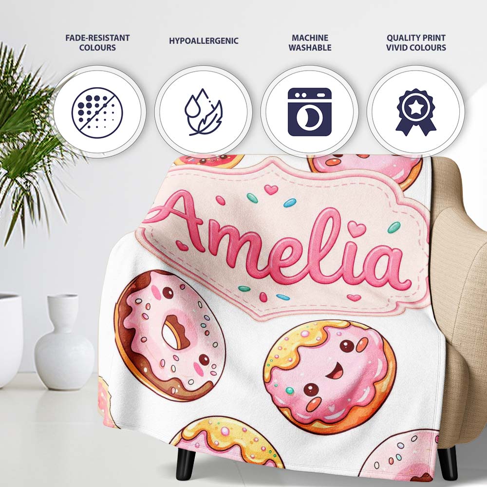 Cute Kawaii Donuts with Pink Icing Grey Background Seamless Pattern  Personalised Custom Name Super Soft Fleece Blanket Bed Sofa Throw