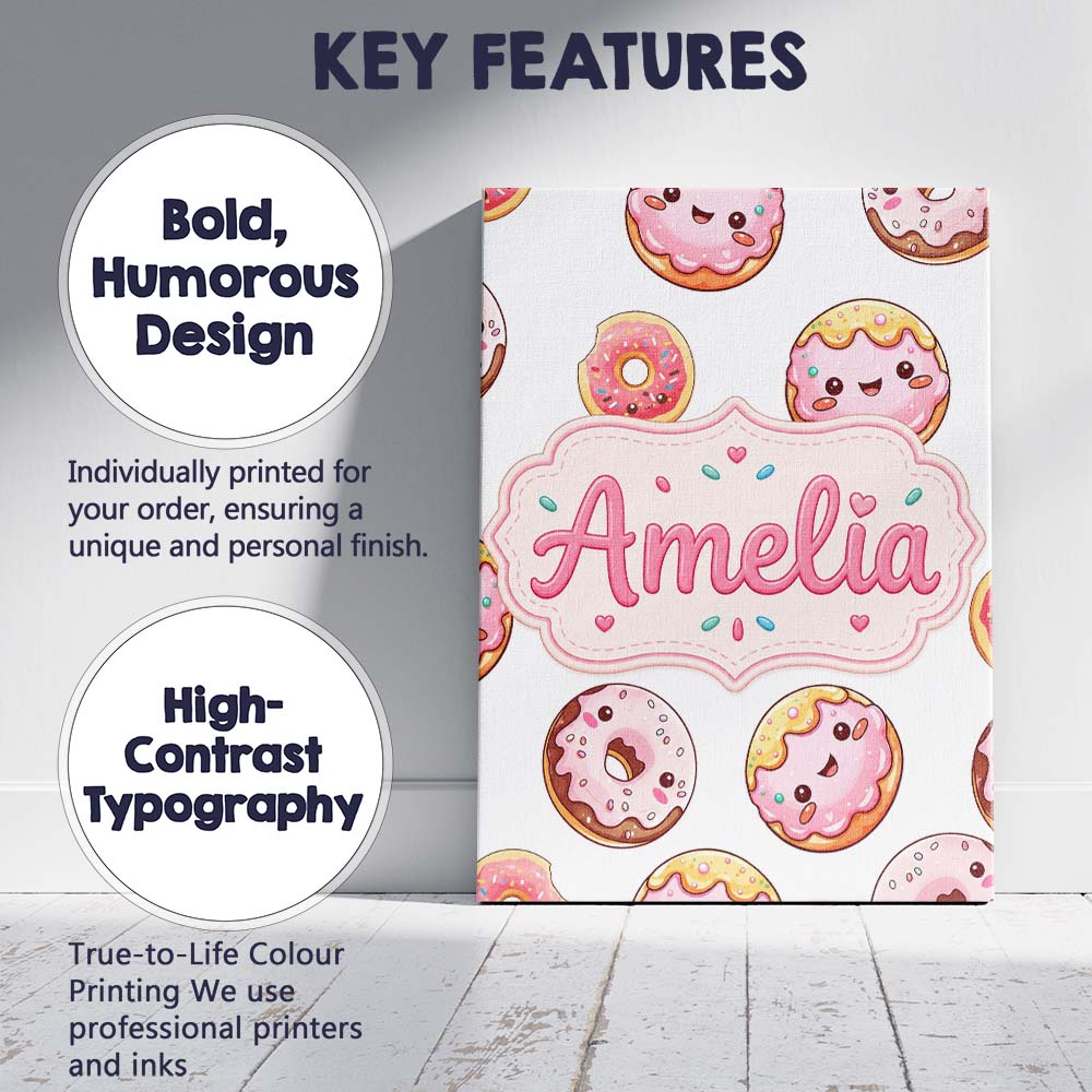 Personalised Name Cute Kawaii Donuts with Custom  Unique Gift Idea Elegant Feature Canvas Wall Art Print Decor Picture Ready to Hang