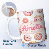 Personalized Custom Name Cute Kawaii Donuts with Pink Icing Grey Background Seamless Pattern 11oz Ceramic Coffee Tea Mug White Large Handle