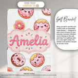 Cute Kawaii Donuts with Pink Icing Grey Background Seamless Pattern  Personalised Custom Name Super Soft Fleece Blanket Bed Sofa Throw